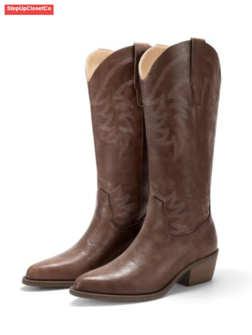 Faux Leather Mid Calf Western Cowboy Boots Chunky Heel Embroidered